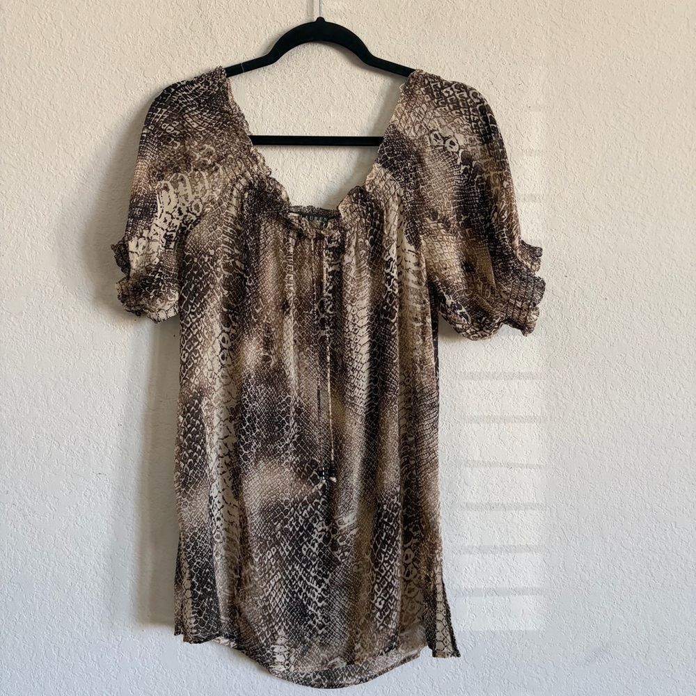 Ralph Lauren Brown silk Blouse size S smocked detail sheer sophisticated elegant